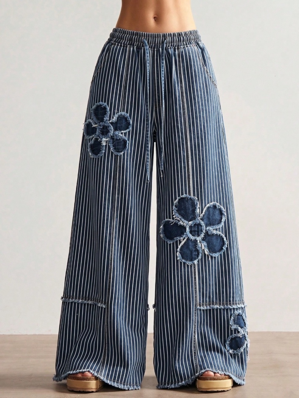 Boho Floral Patchwork Striped Print Wide Leg Denim pants - Picture 2 of 5
